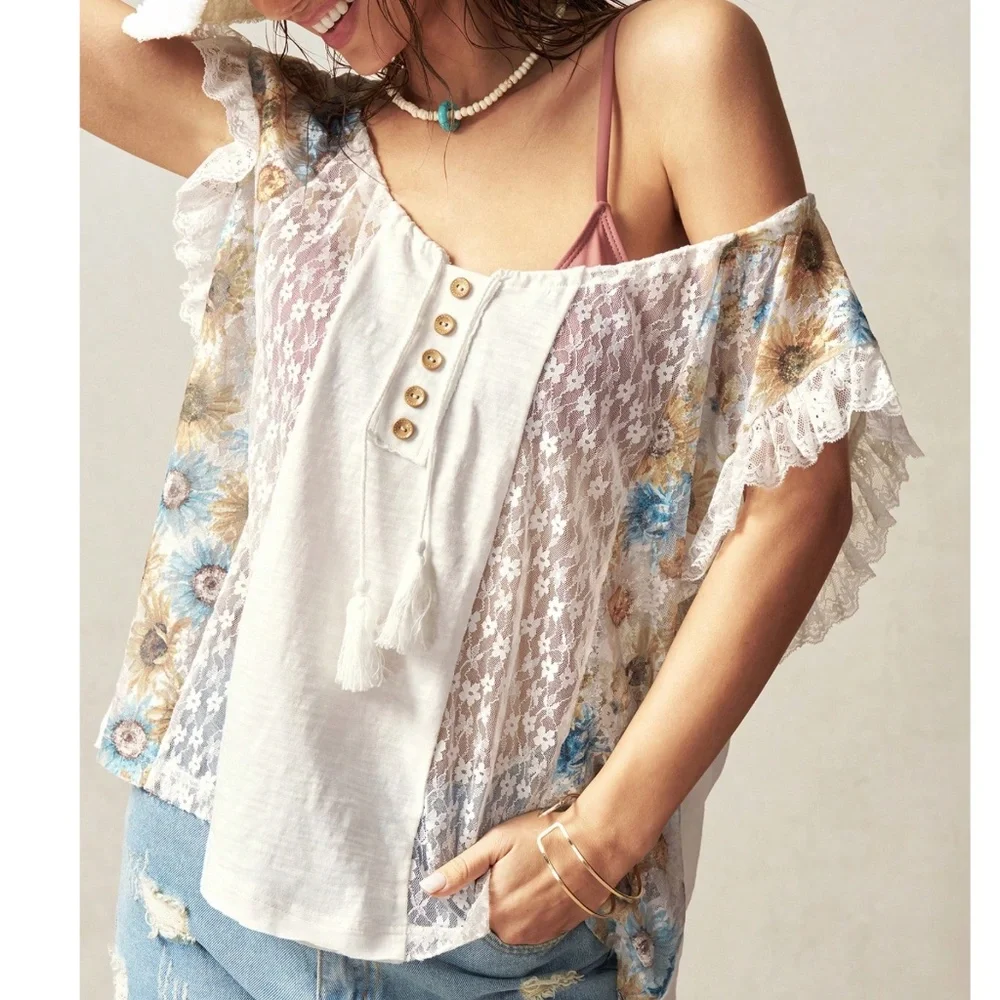 Boho Floral Print Button Detail Lace Ruffle Sleeve Cotton Top - Picture 1 of 6